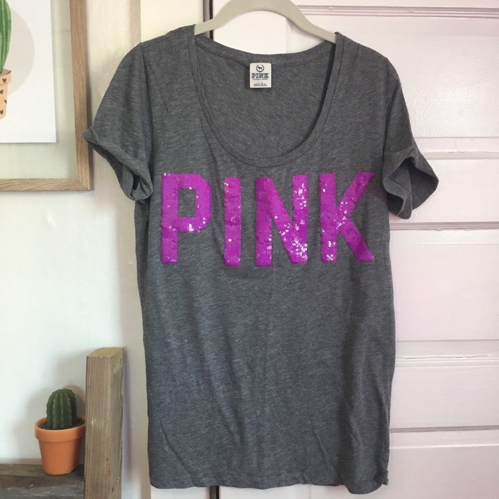 Grey and purple sequined Pink logo tee